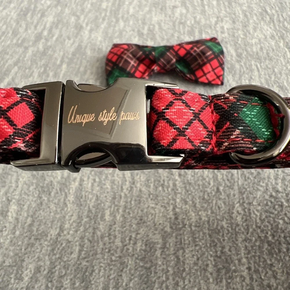 Unique Style Paws XS Dog Collar & Bow Red Green Plaid Unisex Adjustable Xmas New